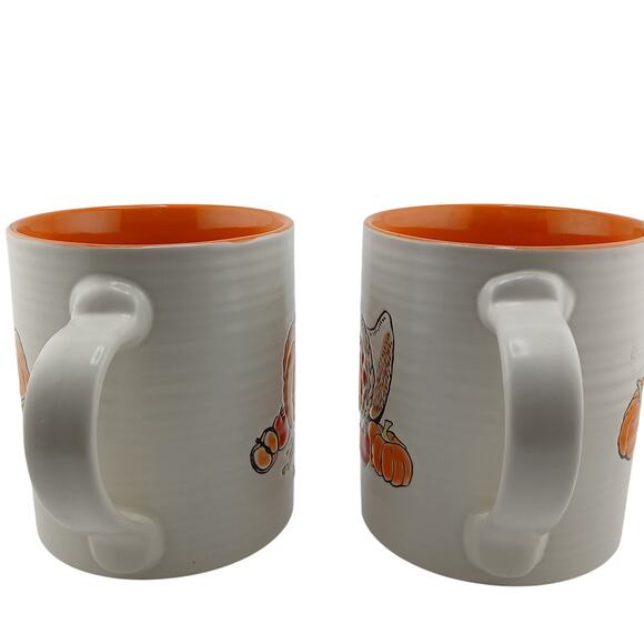Embossed Hand Painted Fall Coffee Mugs Tea Cups Orange Interior Pumpkins Autumn - Picture 2 of 6